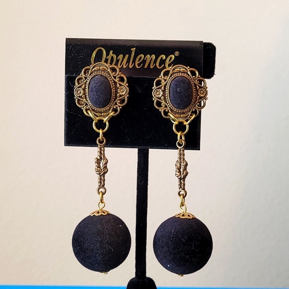 2 Vintage Goldtone Velour Dangle Earrings